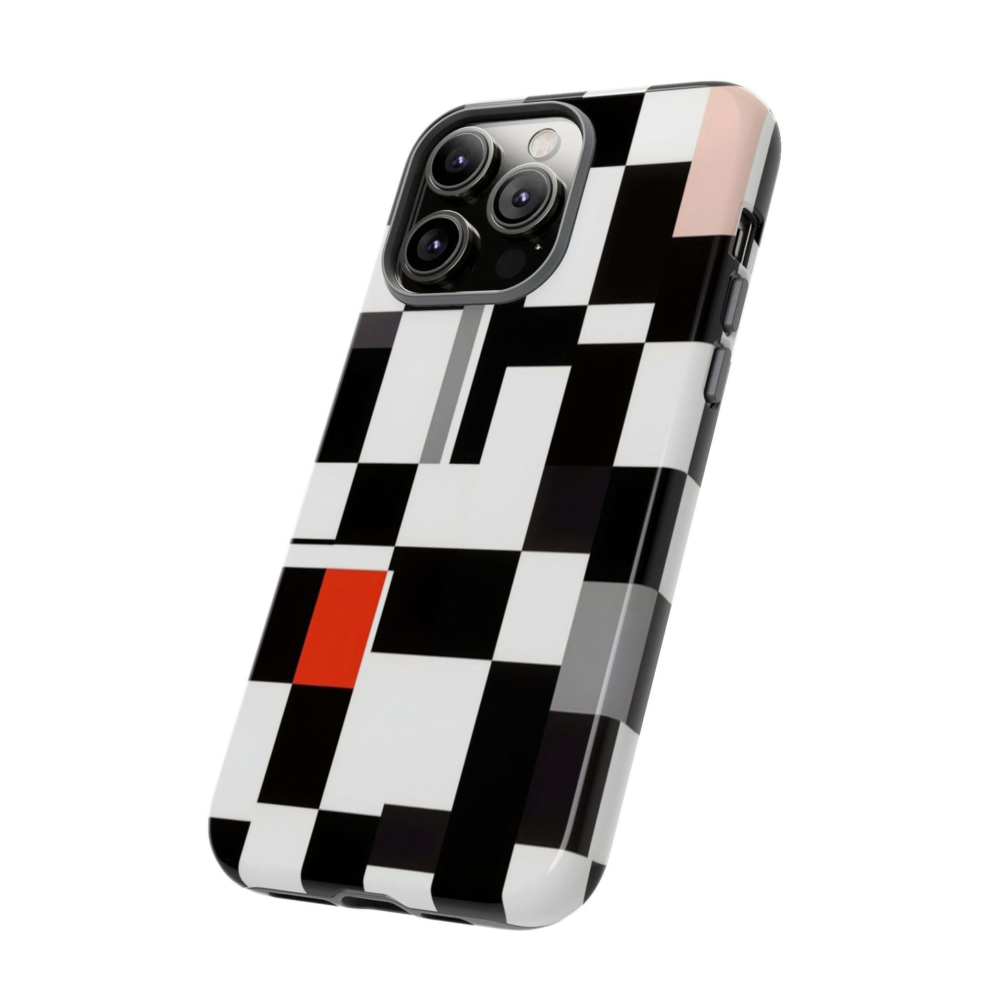 Abstract Geometric Phone Case – Black & White Checker Grid with Red Accent