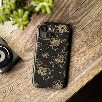 Floral Leather Phone Case — Gold Outline Flowers on Black Tough Case