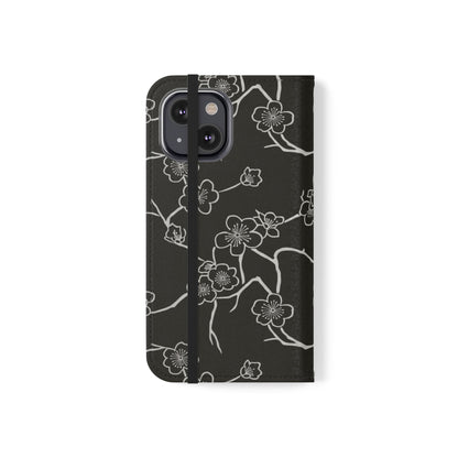 Black Cherry Blossom Flip Phone Case – Floral Wallet Flip Case with Card Slots