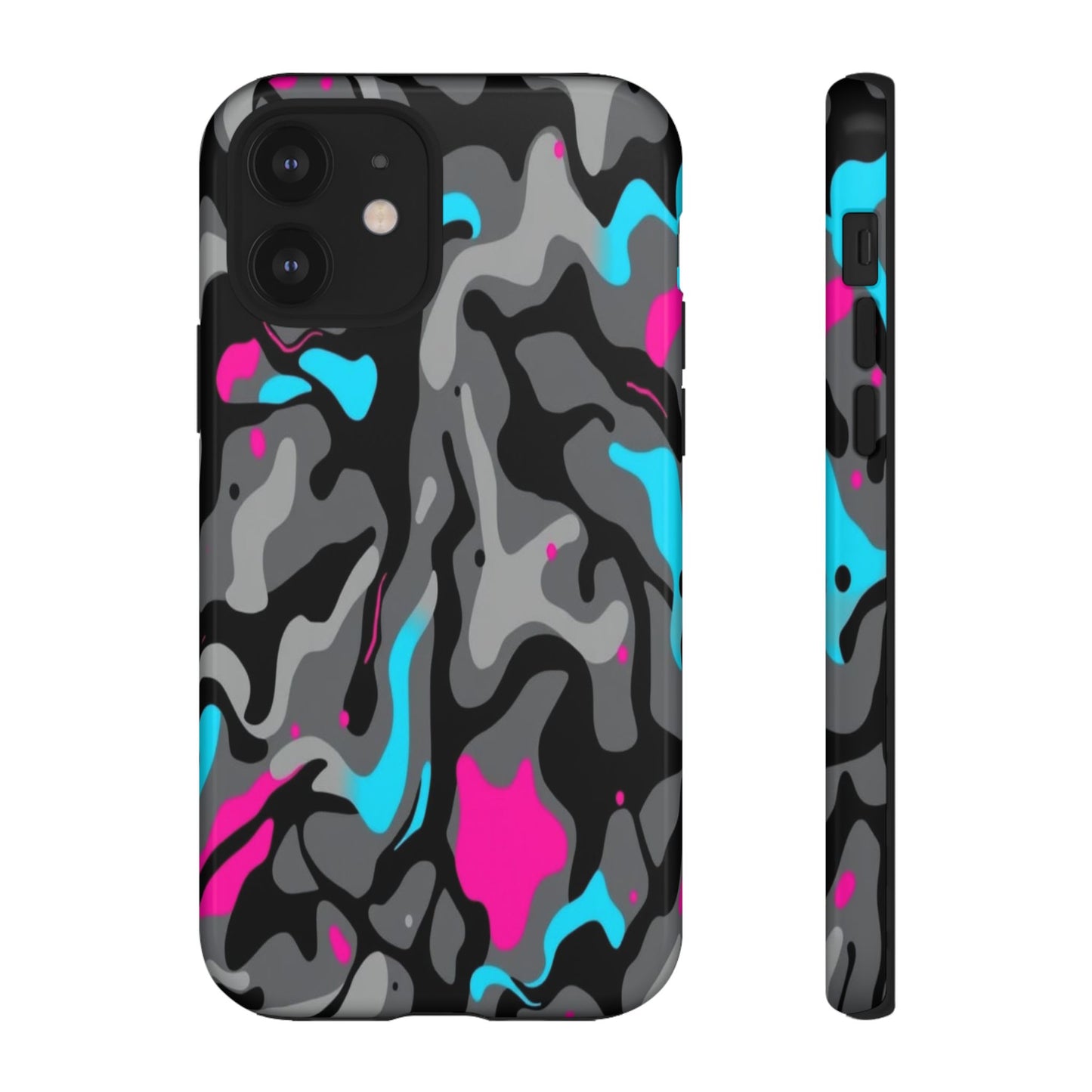 Camouflage Phone Case — Gray Camo with Neon Pink & Cyan Accent Tough Protective Cover