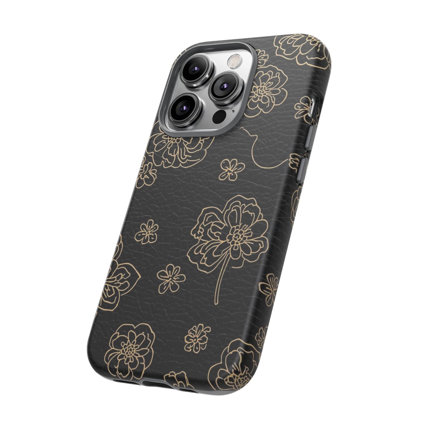 Floral Leather-Texture Tough Case – Black Gold Outline Phone Cover