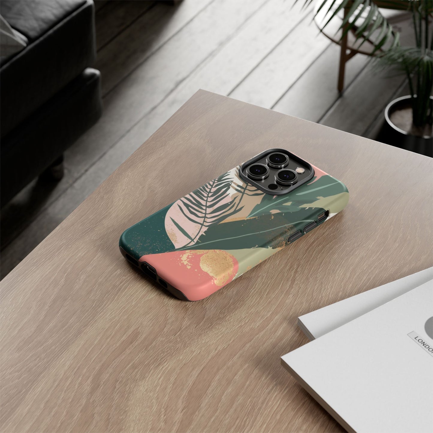 Tropical Leaf Tough Phone Case — Abstract Pink & Green Botanical Protective Cover