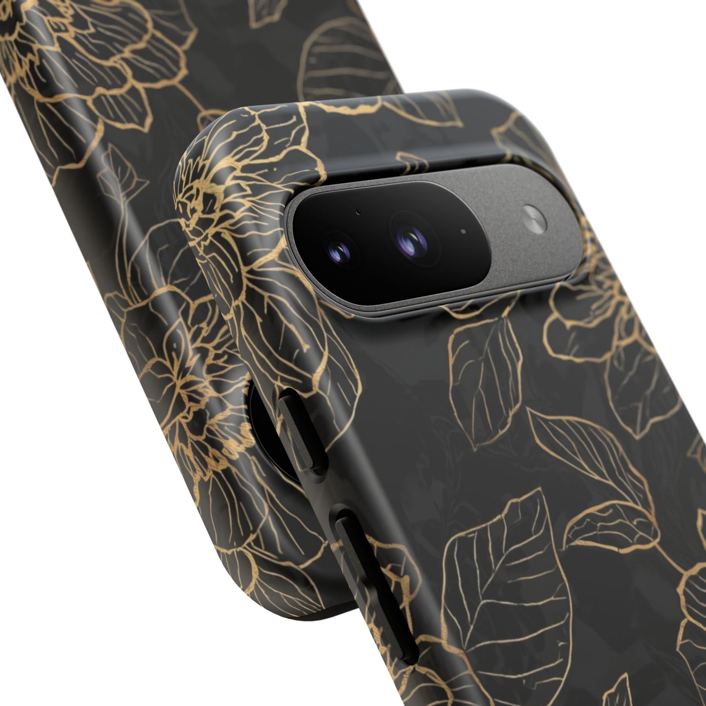 Floral Gold Outline Tough Phone Case – Black Botanical Protective Cover