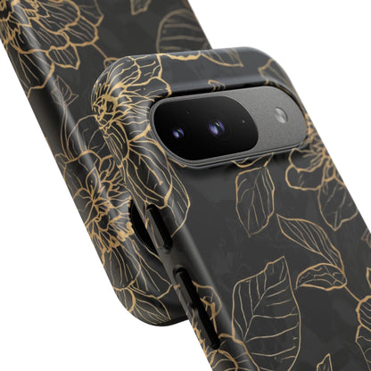 Floral Gold Outline Tough Phone Case – Black Botanical Protective Cover