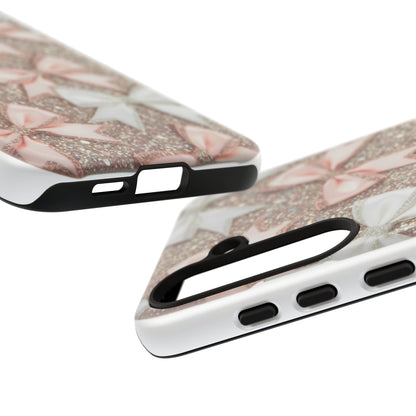 Glitter Bow Tough Phone Case — Pink & White Ribbon Protective Cover