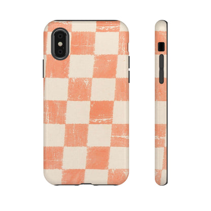 Peach Checkerboard Tough Phone Case — Retro Distressed Grid Design