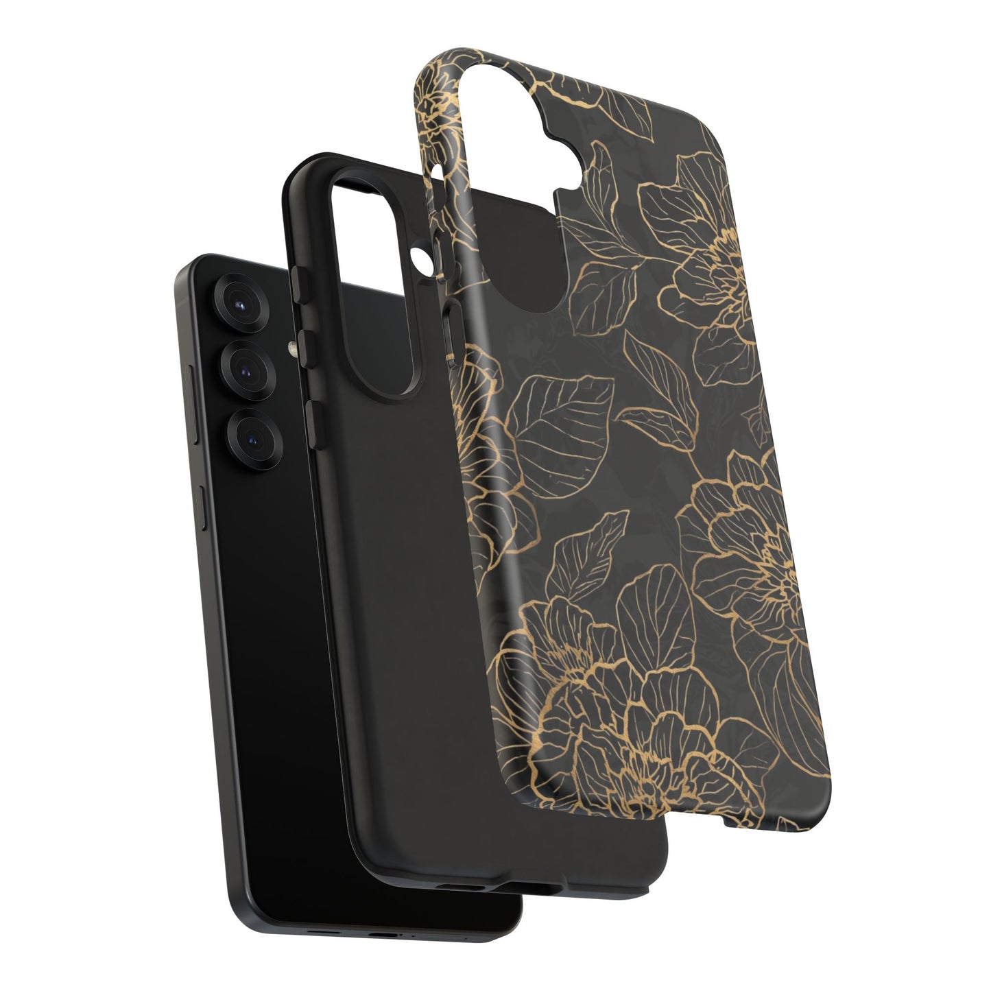 Floral Gold Outline Tough Phone Case – Black Botanical Protective Cover