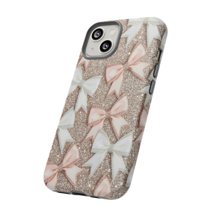 Glitter Bow Tough Phone Case — Pink & White Ribbon Protective Cover