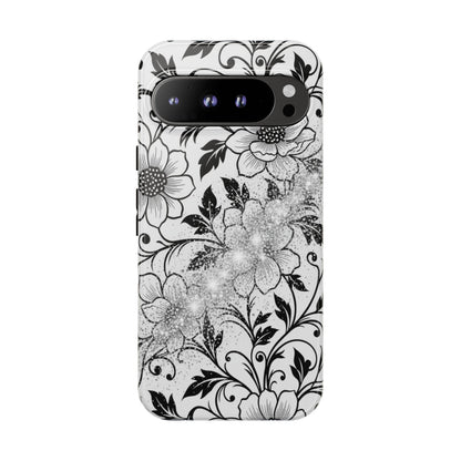 Floral Lace Phone Case — Black & White Vintage Flower Protective Case