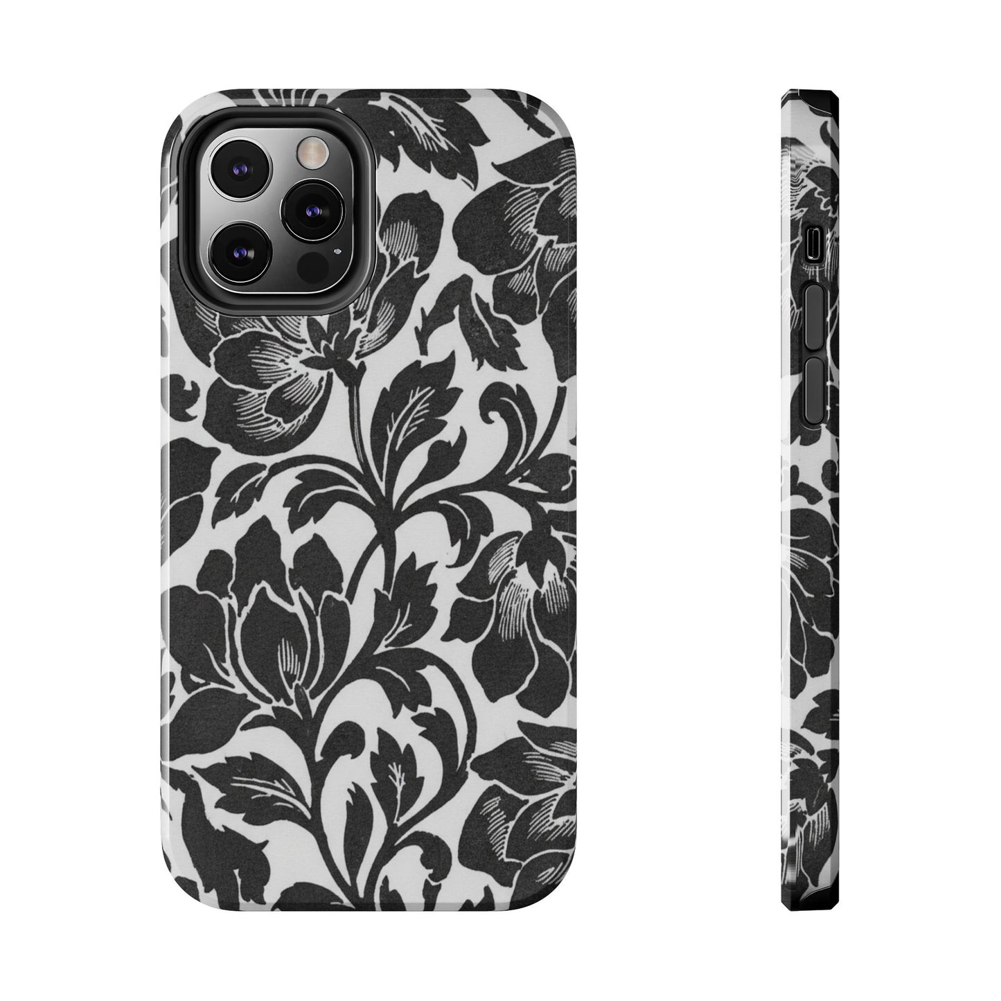 Tough Phone Case — Black & White Vintage Floral Protective Cover