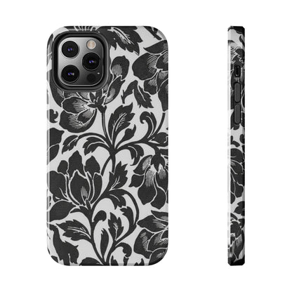 Tough Phone Case — Black & White Vintage Floral Protective Cover