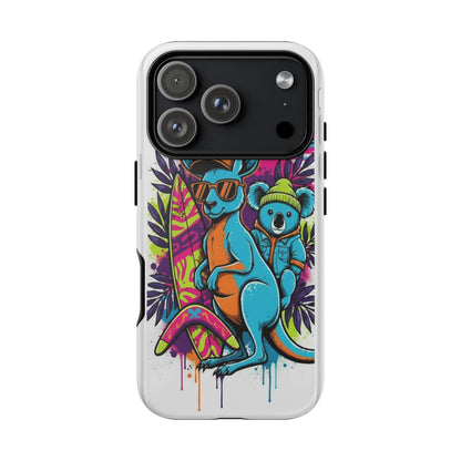 Kangaroo & Koala Surf Phone Case — Retro Neon Beach Art Tough Case