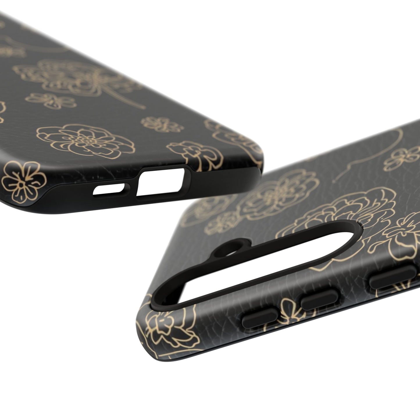 Floral Leather-Texture Tough Case – Black Gold Outline Phone Cover