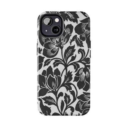 Tough Phone Case — Black & White Vintage Floral Protective Cover