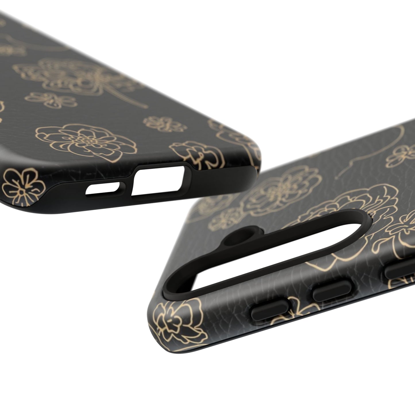 Floral Leather-Texture Tough Case – Black Gold Outline Phone Cover