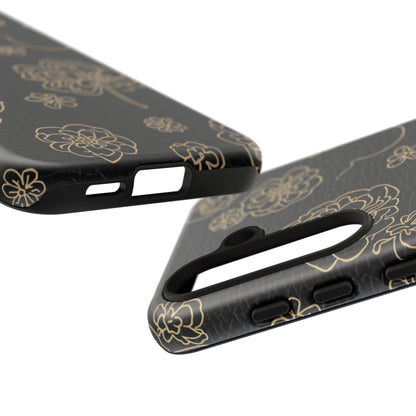 Floral Leather-Texture Tough Case – Black Gold Outline Phone Cover