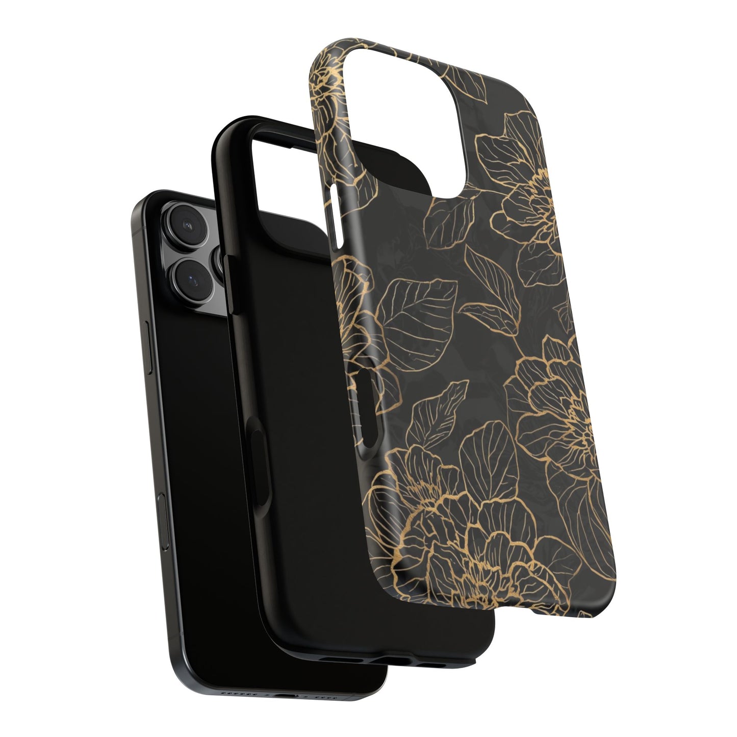 Floral Gold Outline Tough Phone Case – Black Botanical Protective Cover