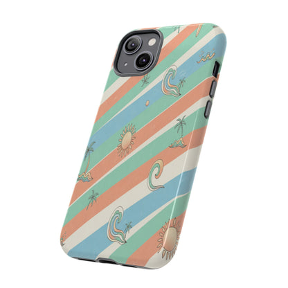 Retro Beach Stripes Phone Case — Sun, Waves & Palm Pattern Tough Case