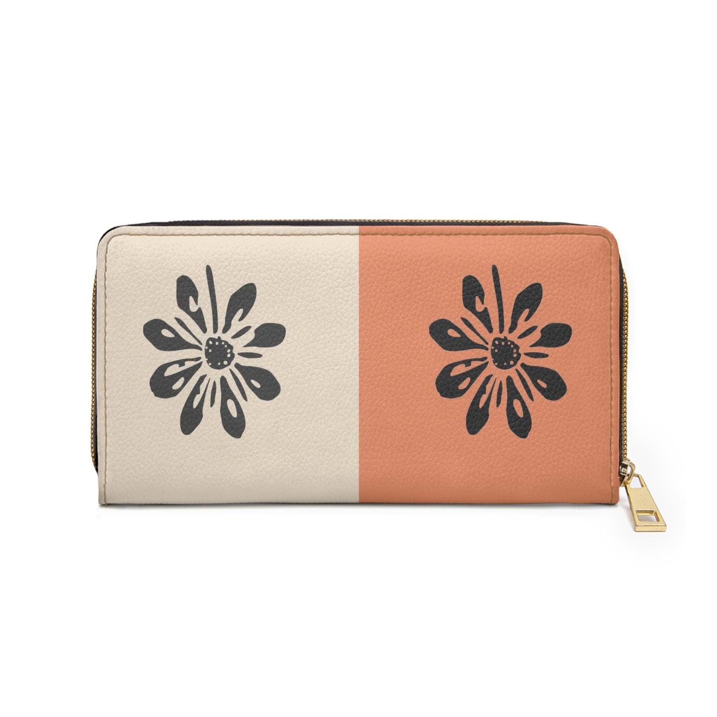 Floral Split-Color Zipper Wallet — Peach & Cream Daisy Design