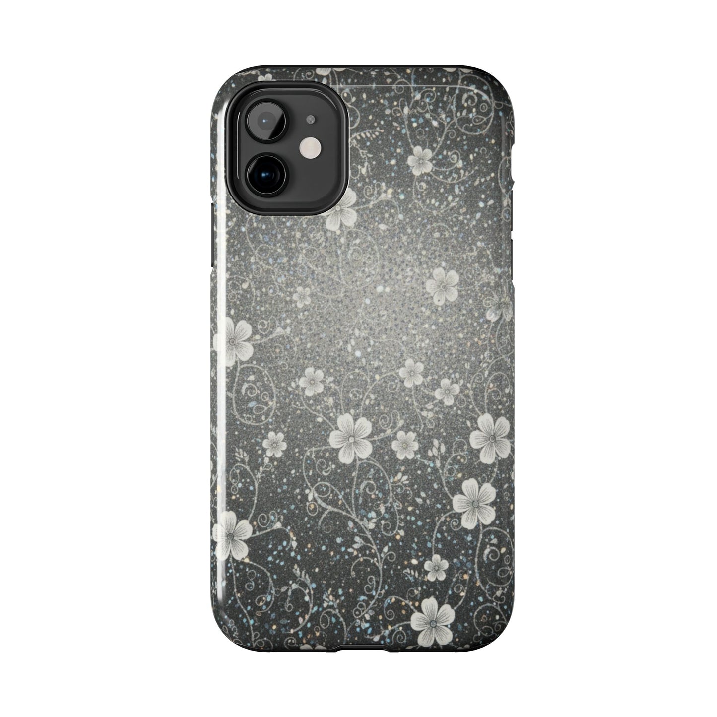 Floral Sparkle Tough Phone Case — Black & Silver Vintage Blossom