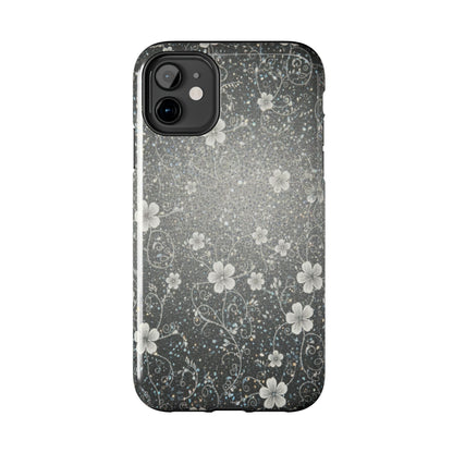 Floral Sparkle Tough Phone Case — Black & Silver Vintage Blossom