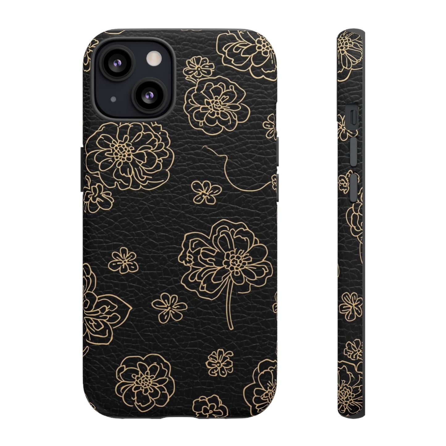 Floral Leather-Texture Tough Case – Black Gold Outline Phone Cover