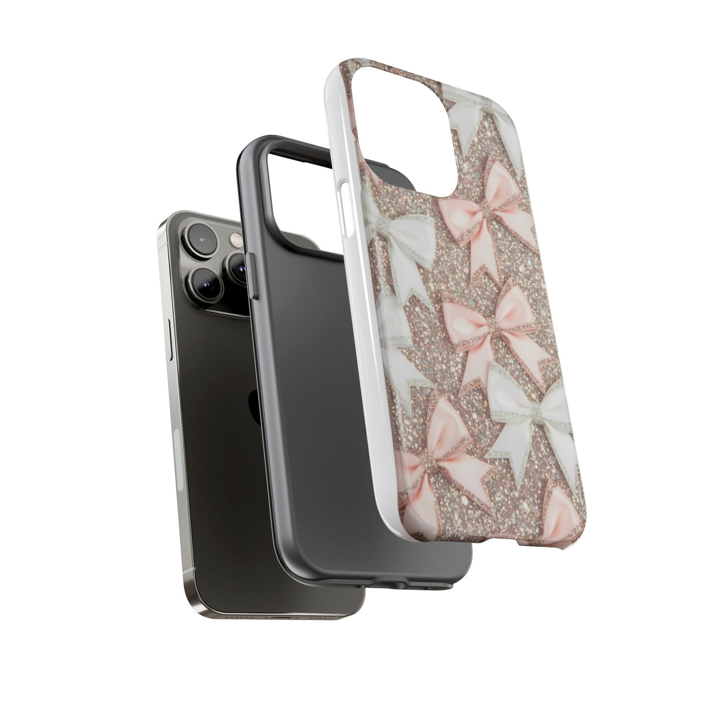 Glitter Bow Tough Phone Case — Pink & White Ribbon Protective Cover