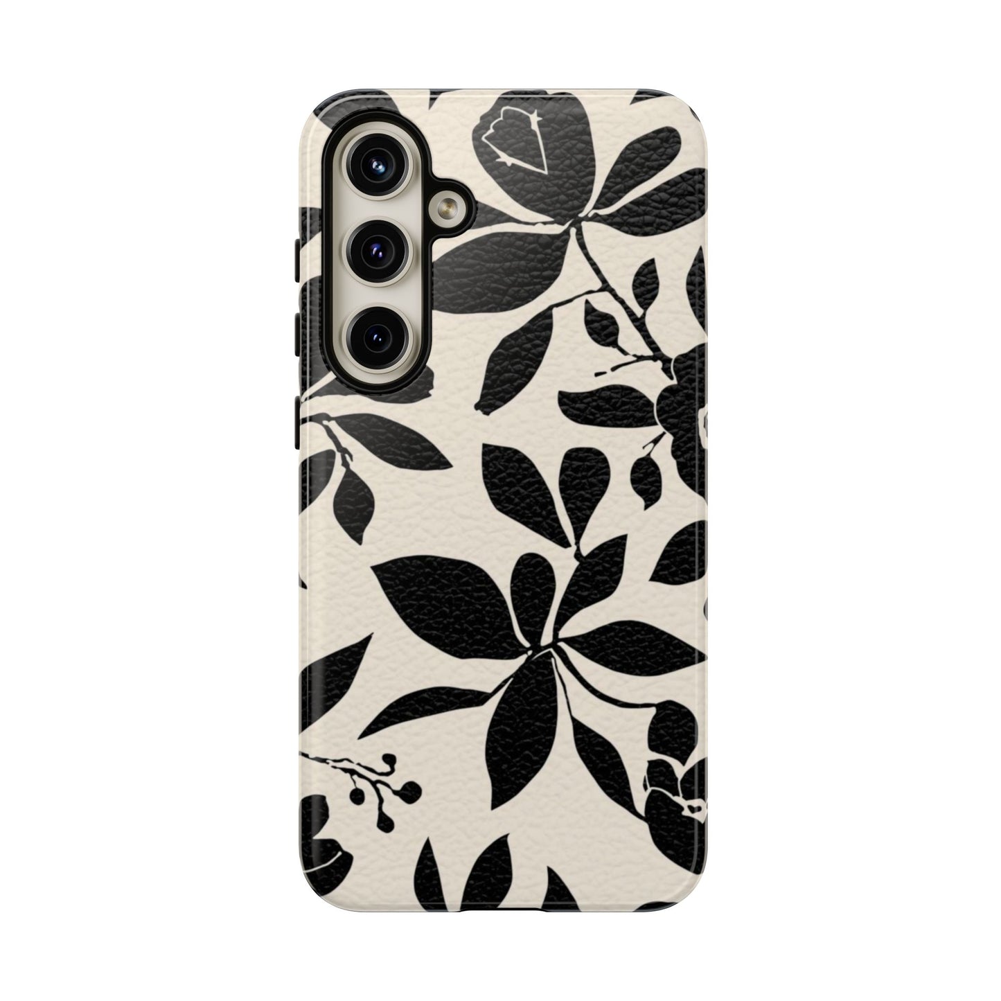 Black Floral Pattern Phone Case — Monochrome Botanical Tough Case