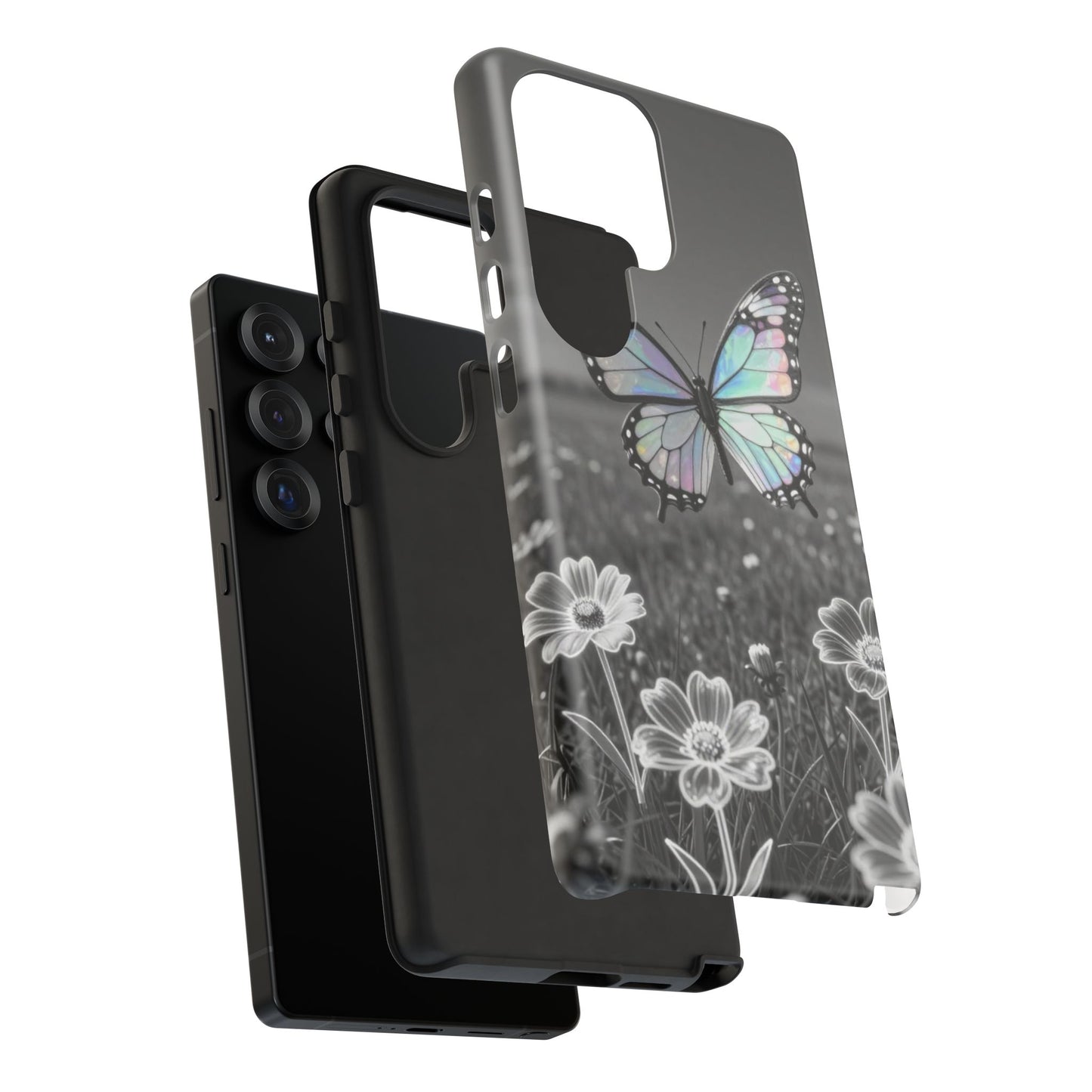 Butterfly Field Tough Phone Case — Pastel Holographic Butterfly on Black & White Floral Background