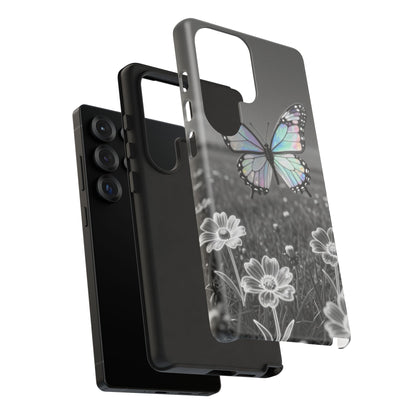 Butterfly Field Tough Phone Case — Pastel Holographic Butterfly on Black & White Floral Background