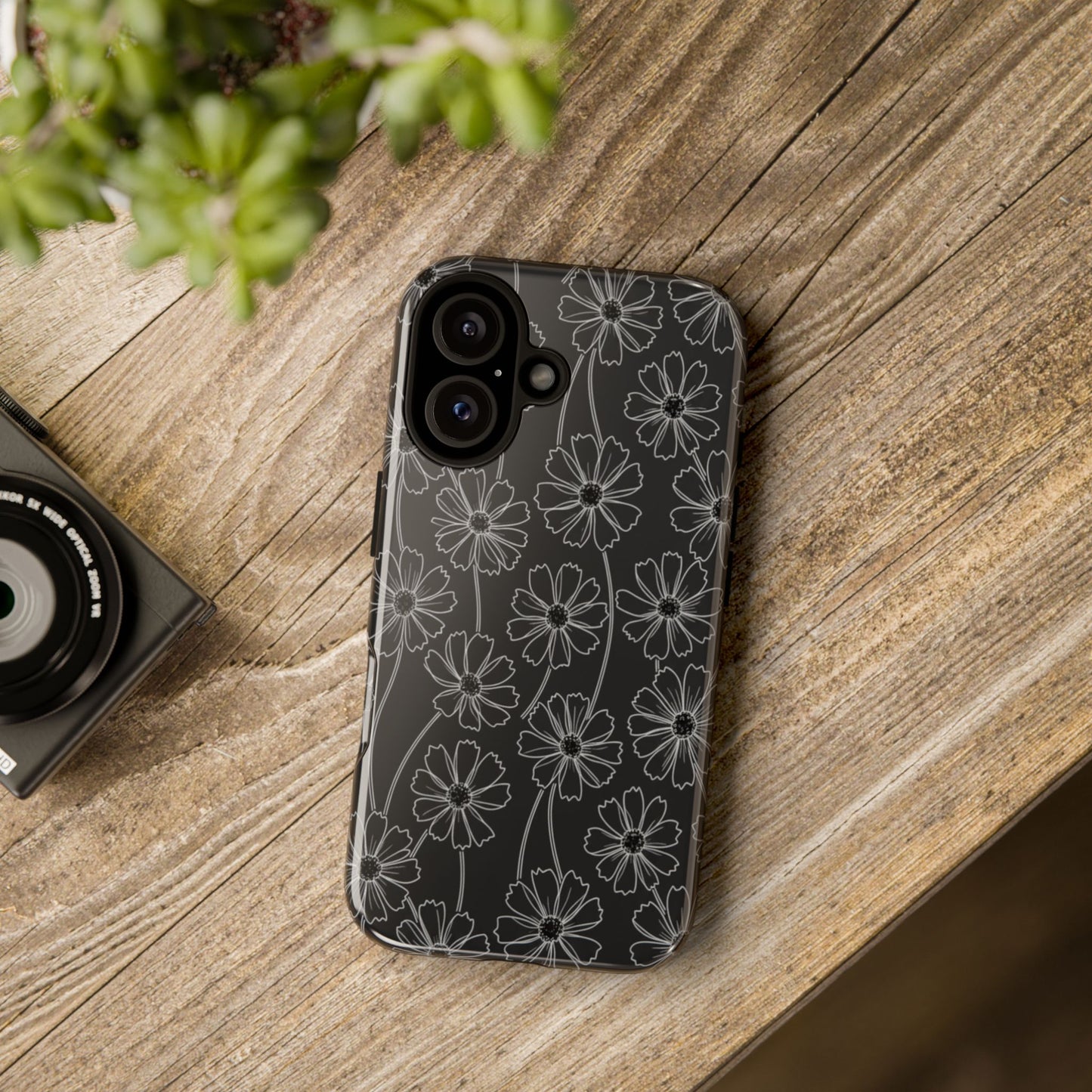 Floral Doodle Tough Phone Case — Black & Gray Daisy Pattern