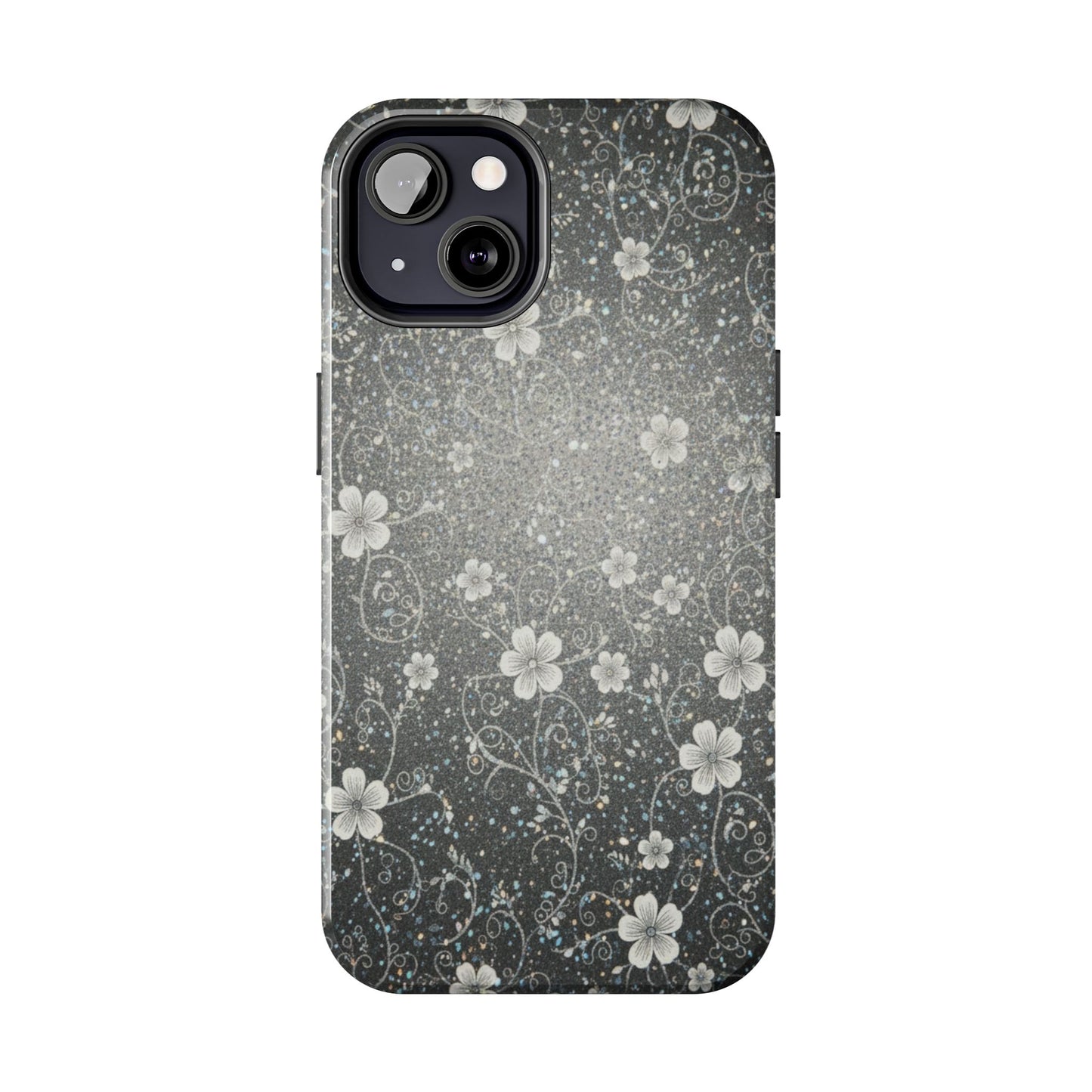 Floral Sparkle Tough Phone Case — Black & Silver Vintage Blossom
