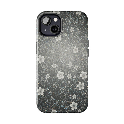 Floral Sparkle Tough Phone Case — Black & Silver Vintage Blossom