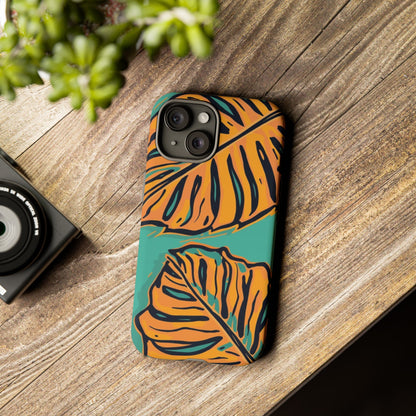 Tropical Leaf Tough Phone Case — Orange Monstera Design on Teal