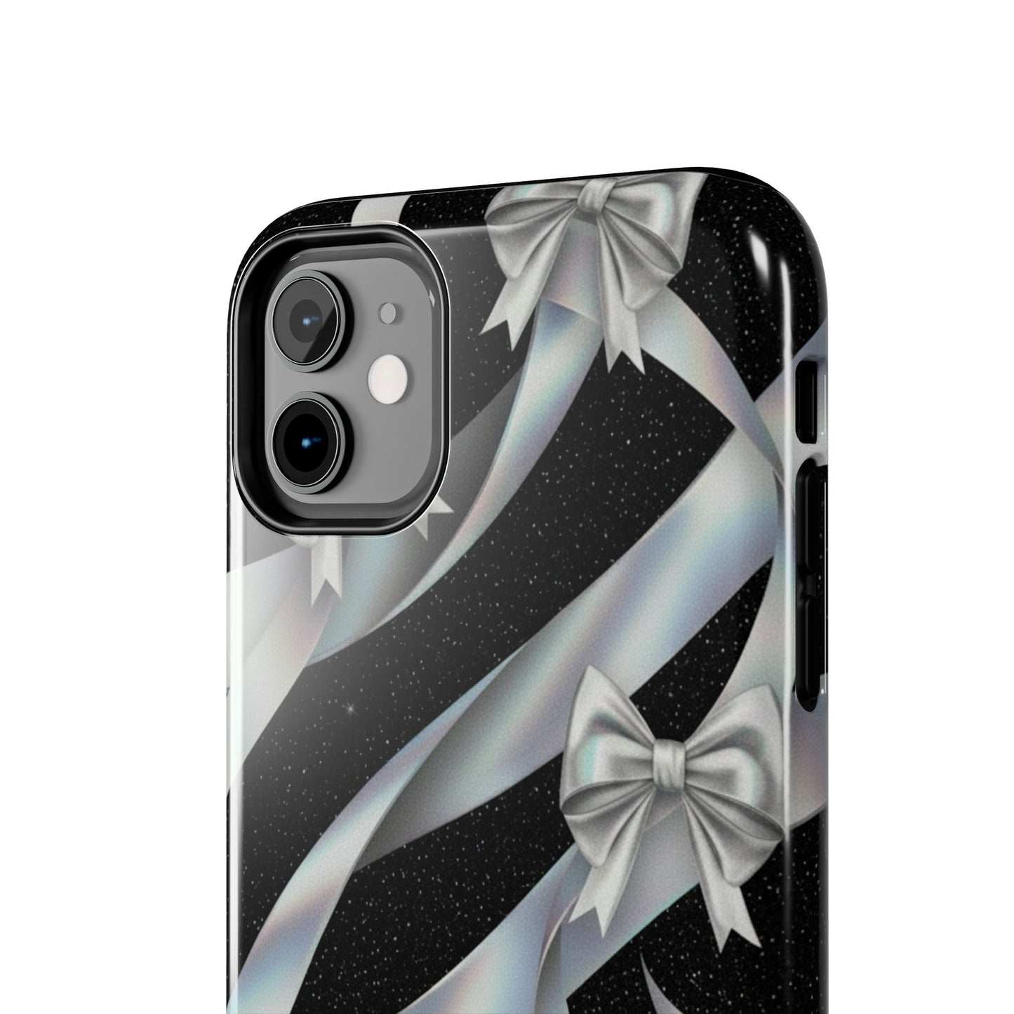 Silver Ribbon Bow Tough Phone Case — Glitter Black Protective Phone Case