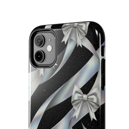 Silver Ribbon Bow Tough Phone Case — Glitter Black Protective Phone Case