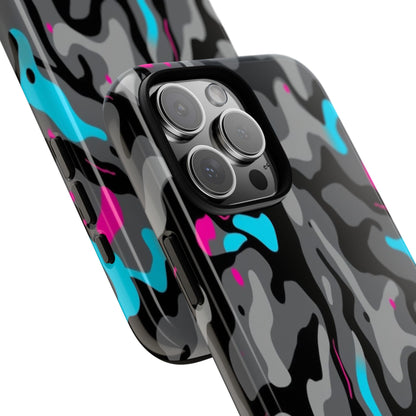 Camouflage Phone Case — Gray Camo with Neon Pink & Cyan Accent Tough Protective Cover