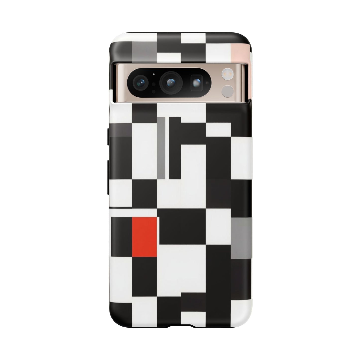Abstract Geometric Phone Case – Black & White Checker Grid with Red Accent