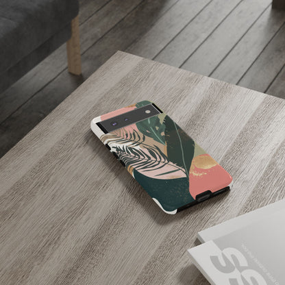 Tropical Leaf Tough Phone Case — Abstract Pink & Green Botanical Protective Cover