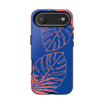 Tropical Monstera Phone Case — Blue & Coral Leaf Protective Cover