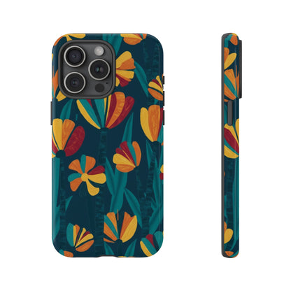 Floral Retro Teal Tough Phone Case — Vibrant Orange & Mustard Blooms