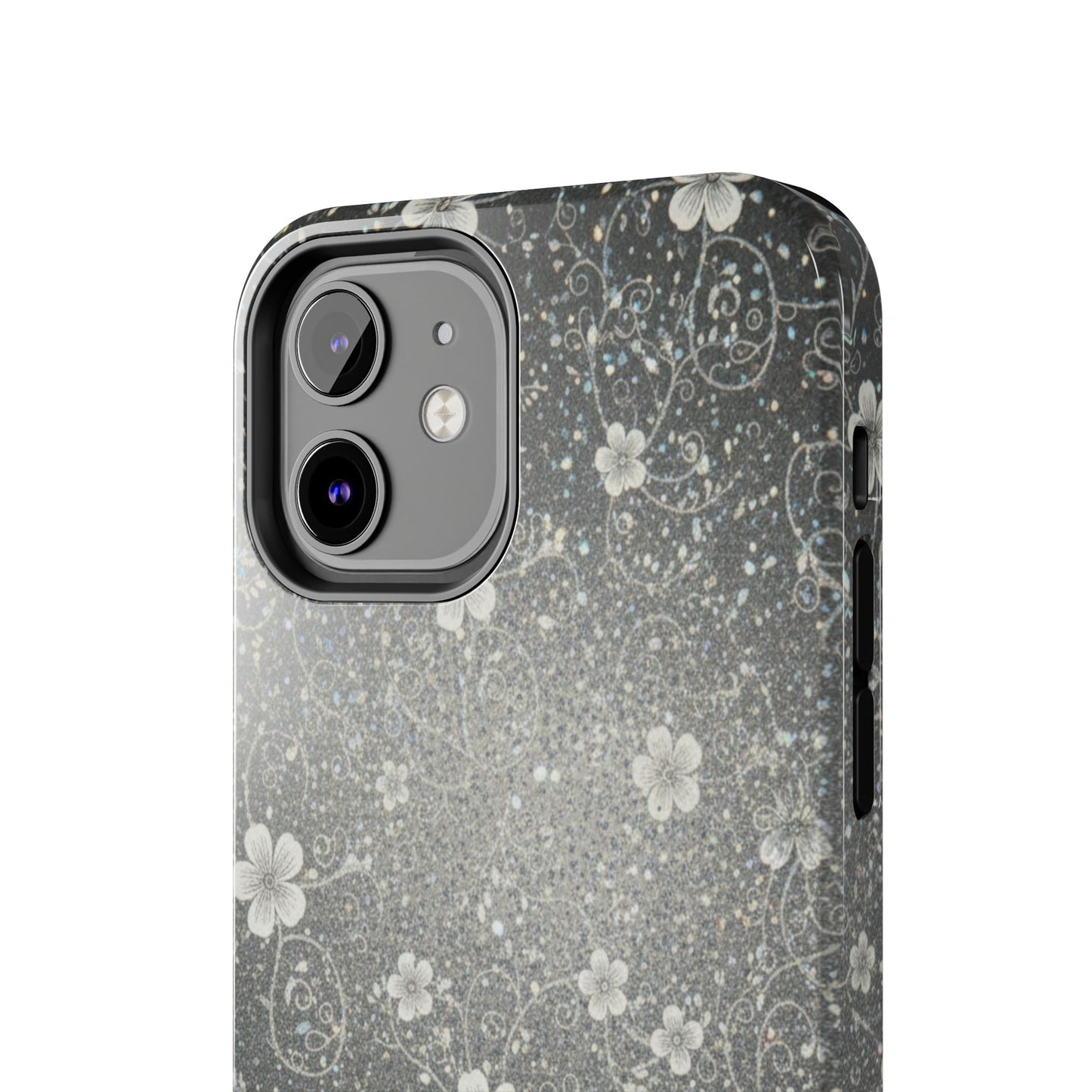 Floral Sparkle Tough Phone Case — Black & Silver Vintage Blossom