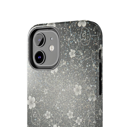 Floral Sparkle Tough Phone Case — Black & Silver Vintage Blossom