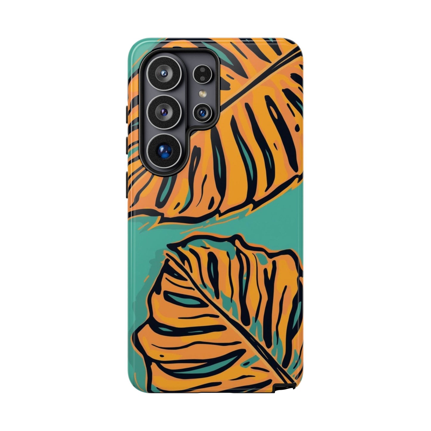 Tropical Leaf Tough Phone Case — Orange Monstera Design on Teal