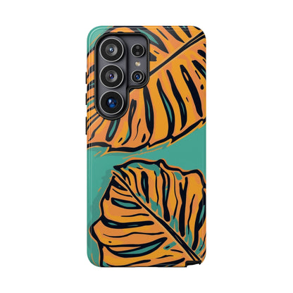 Tropical Leaf Tough Phone Case — Orange Monstera Design on Teal