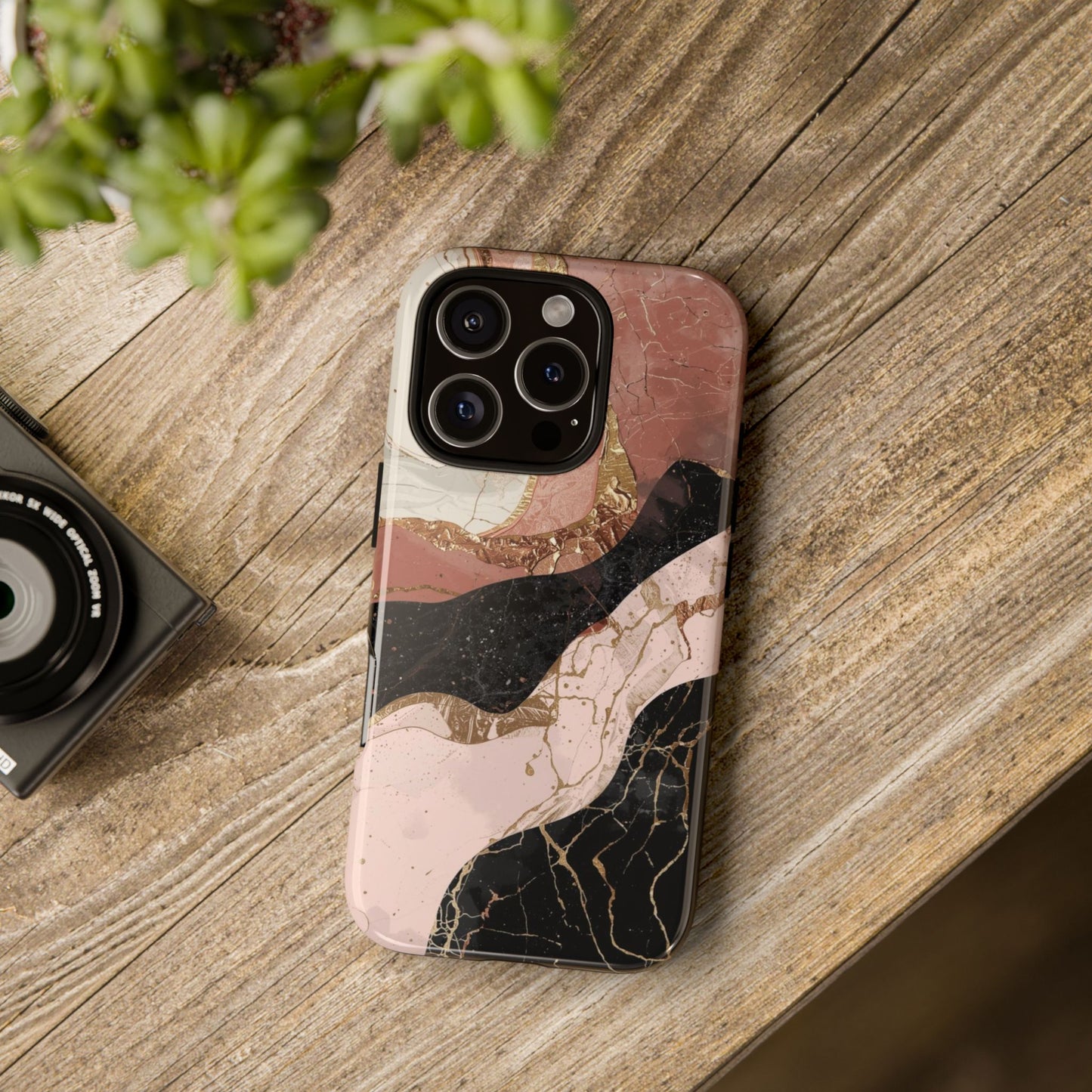 Marbled Rose Gold Phone Case — Abstract Pink & Black Protective Tough Case