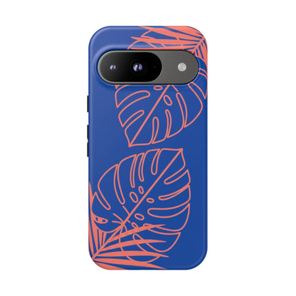 Tropical Monstera Phone Case — Blue & Coral Leaf Protective Cover