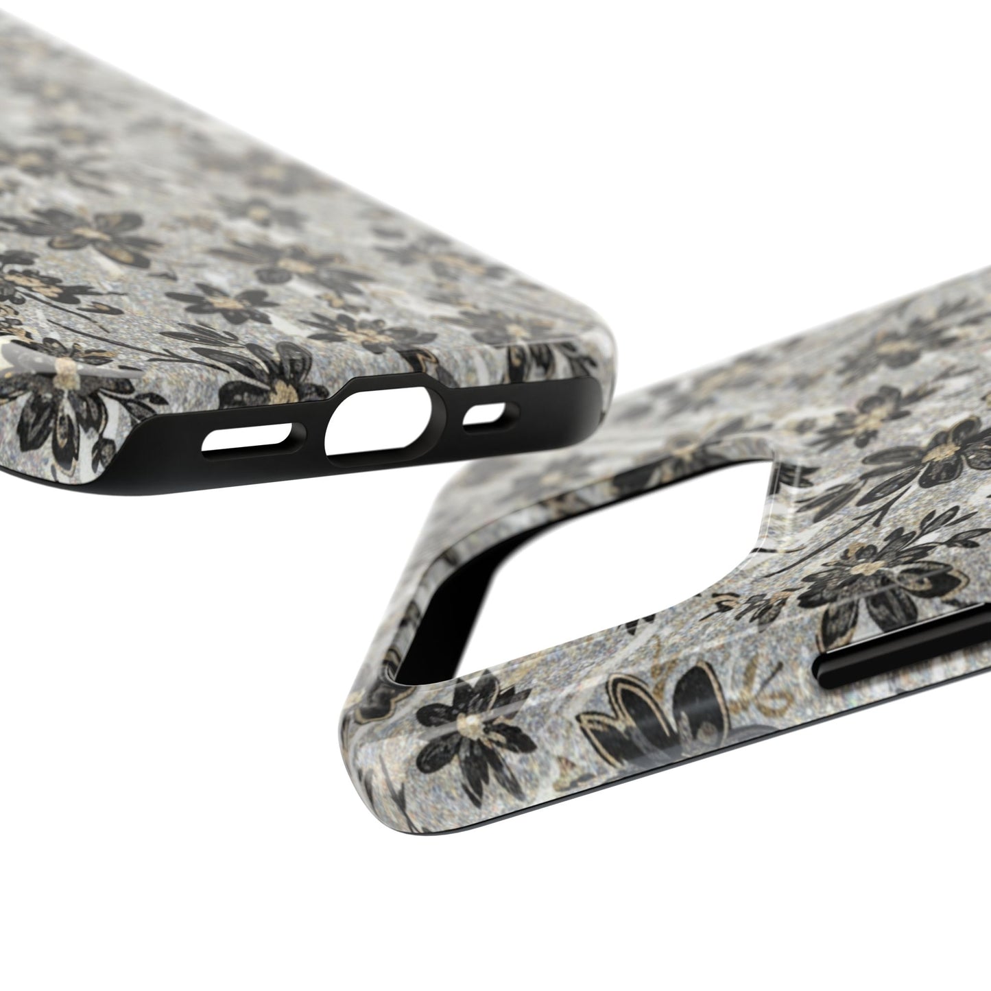 Floral Vintage Tough Phone Case — Black & Gray Rustic Flower Protective Case