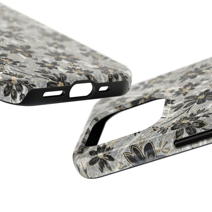 Floral Vintage Tough Phone Case — Black & Gray Rustic Flower Protective Case