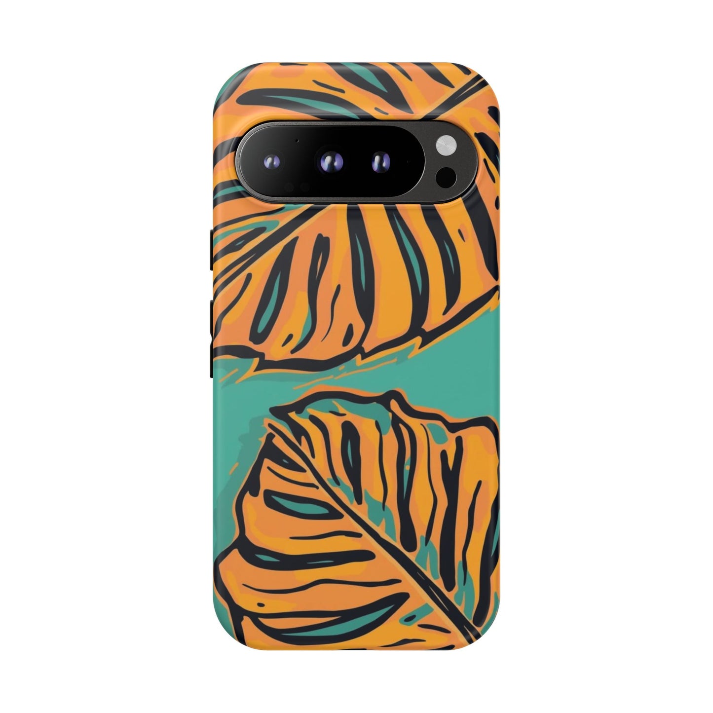 Tropical Leaf Tough Phone Case — Orange Monstera Design on Teal